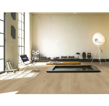 Pièce lumineuse avec plancher en bois, fauteuil et décoration