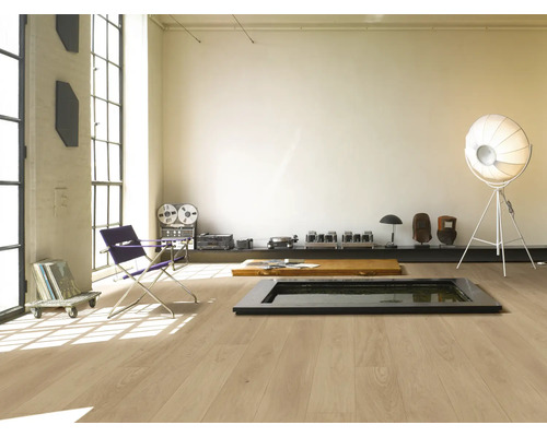 Pièce lumineuse avec plancher en bois, fauteuil et décoration