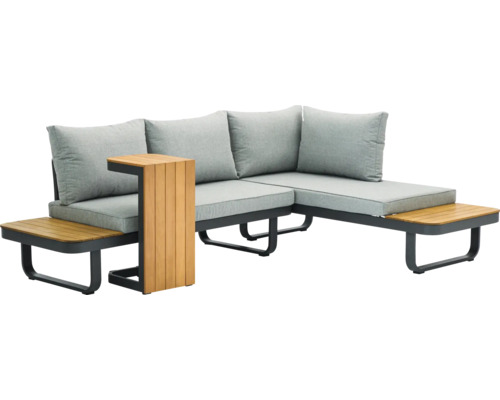 Gartenecklounge mit Auflagen und Beistelltisch