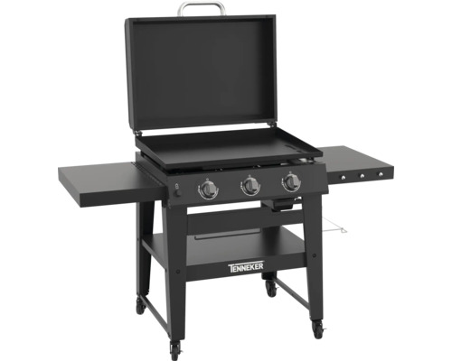 Schwarzer Gasgrill mit drei Brennern, Abdeckung und Ablageflächen an den Seiten