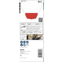 Verpackung einer Bosch Stichsägeblattaufnahme mit Informationen zu Kompatibilität und Abmessungen.