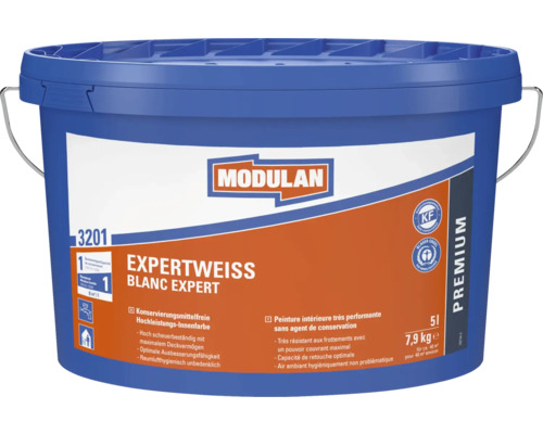 MODULAN Expertweiß 3201 peinture murale blanche 5 l Peinture d''intérieur Modulan Expertweiss en seau, 5 litres