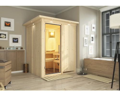 Sauna modulaire Karibu Achat I sans poêle avec couronne et portes vitrées transparentes