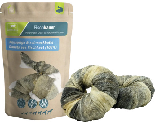 En-cas pour chiens DAUERKAUER Fischkauer donuts à la peau de poisson, 2 pièces, env. 60 g hygiène dentaire, diminution du stress pour les chiens, friandise à mâcher