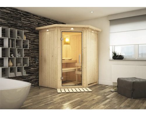 Sauna modulaire Karibu Achat II sans poêle, avec couronne et porte entièrement vitrée transparente