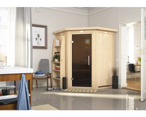 Sauna modulaire Karibu Achat II sans poêle, avec couronne et porte entièrement vitrée coloris graphite