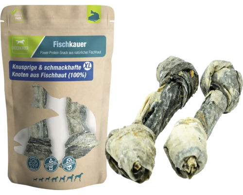 En-cas pour chiens DAUERKAUER Fischkauer XL noeuds à la peau de poisson, 2 pièces, env. 180 g hygiène dentaire, diminution du stress pour les chiens, friandise à mâcher