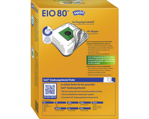 Emballage Swirl sac d''aspirateur EIO 80 avec filtre EcoPor