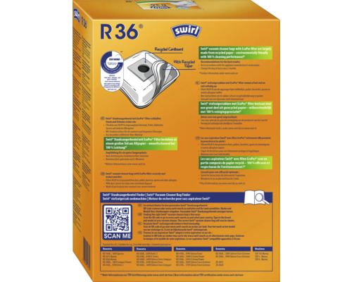 Swirl R36 sac aspirateur avec filtre EcoPor, fabriqué à partir de papier recyclé