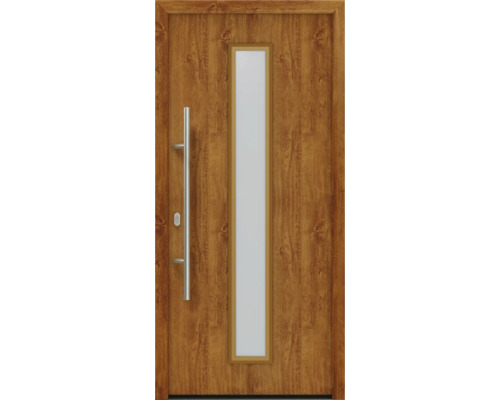 Porte d'entrée EcoStar ISOPRO IP 020 S 1100 x 2100 mm gauche golden oak avec ensemble de ferrures, poignée barre en acier inoxydable, cylindre profilé de sécurité avec 5 clés