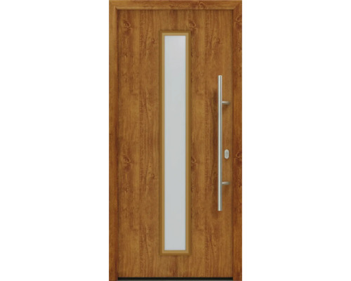 Porte d'entrée EcoStar ISOPRO IP 020 S 1100 x 2100 mm droite golden oak avec ensemble de ferrures, poignée barre en acier inoxydable, cylindre profilé de sécurité avec 5 clés