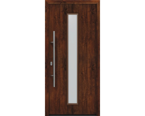 Porte d'entrée EcoStar ISOPRO IP 020 S 1100 x 2100 mm gauche dark oak avec ensemble de ferrures, poignée barre en acier inoxydable, cylindre profilé de sécurité avec 5 clés