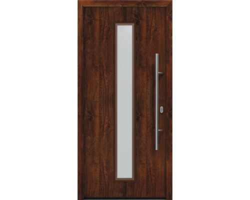 Porte d'entrée EcoStar ISOPRO IP 020 S 1100 x 2100 mm droite dark oak avec ensemble de ferrures, poignée barre en acier inoxydable, cylindre profilé de sécurité avec 5 clés