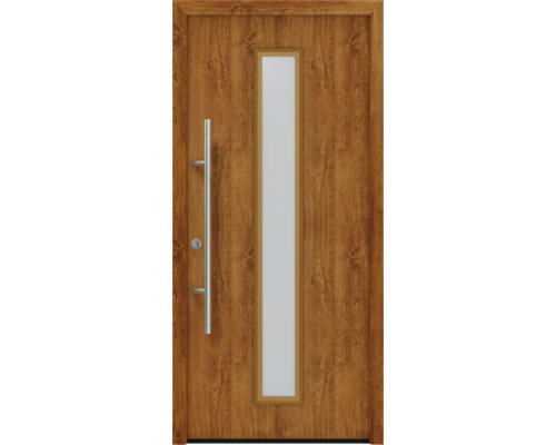 Porte d'entrée EcoStar ISOPRO Secur IPS 020S 1100 x 2100 mm gauche golden oak avec ensemble de ferrures, poignée barre en acier inoxydable, cylindre profilé de sécurité avec 5 clés