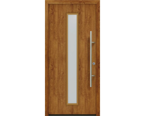 Porte d'entrée EcoStar ISOPRO Secur IPS 020S 1100 x 2100 mm droite golden oak avec ensemble de ferrures, poignée barre en acier inoxydable, cylindre profilé de sécurité avec 5 clés