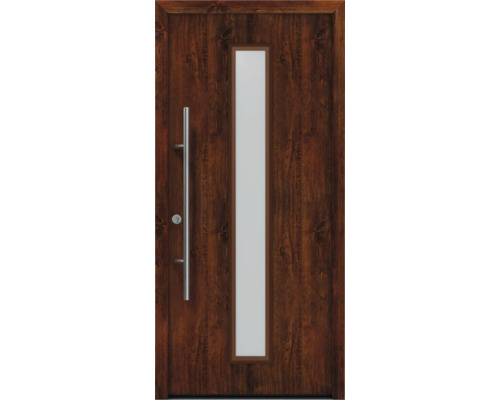 Porte d'entrée EcoStar ISOPRO Secur IPS 020S 1100 x 2100 mm tirant gauche dark oak avec ensemble de ferrures, poignée barre en acier inoxydable, cylindre profilé de sécurité avec 5 clés