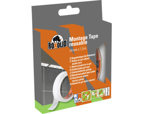 Ruban de montage ROXOLID réutilisable Nano-Grab Clear ruban adhésif gel double face transparent 24 mm x 1,5 m Ruban de montage Roxolid réutilisable, 24 mm x 1,5 m, emballage