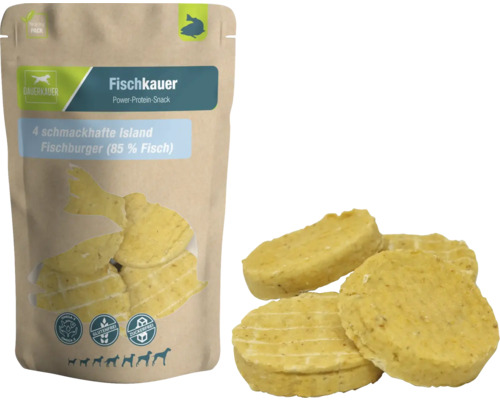 En-cas pour chiens DAUERKAUER Fischkauer burger de poisson d'Islande, 4 pièces, env. 140 g hygiène dentaire, diminution du stress pour les chiens, friandise à mâcher