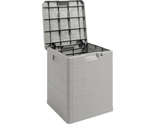 Geöffnete graue Gartenbox aus Kunststoff für den Aussenbereich