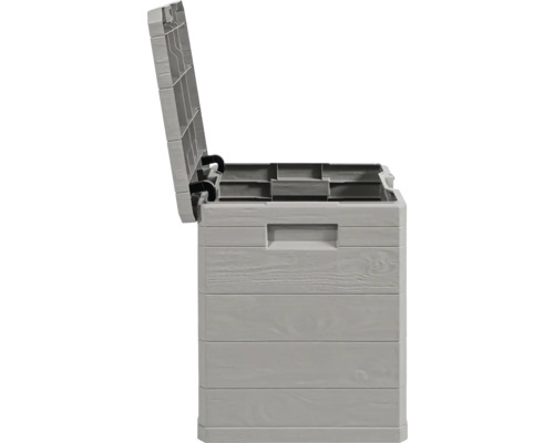 Geöffnete Aufbewahrungsbox aus Kunststoff mit Holzoptik