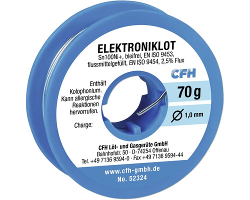 CFH Métal d'apport pour l'électronique EL 324 sans plomb 70 g Fil à souder électronique avec flux, diamètre 1,0 mm, 70 g