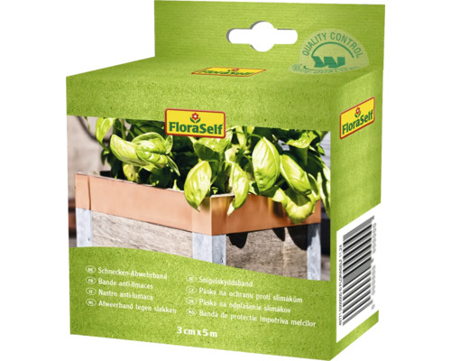 Lutte anti-limaces FloraSelf ruban anti-limaces cuivre 3 cm x 500 cm Emballage de bande anti-limaces FloraSelf avec illustration de jardinière