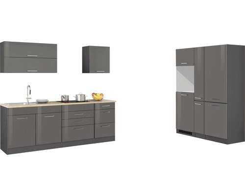 Held Möbel Küchenzeile Mailand 380 cm Frontfarbe grau Hochglanz Korpusfarbe graphit