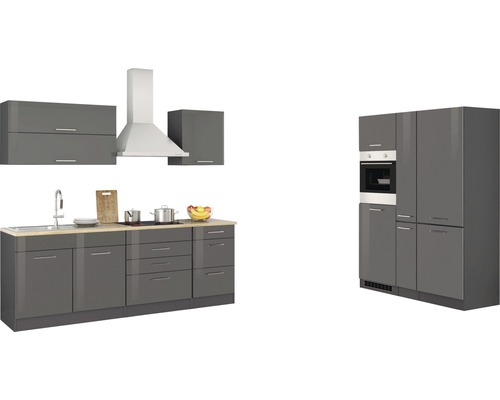 Cuisine moderne avec évier, plaque de cuisson, hotte et armoires brillantes