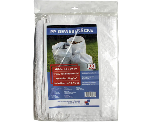 Emballage de dix sacs tissés en polypropylène blancs, taille 40 x 60 centimètres, avec cordon de serrage