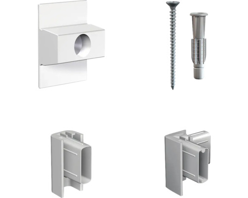 Matériel de fixation pour plinthes, composé de clips de montage, de vis et de chevilles