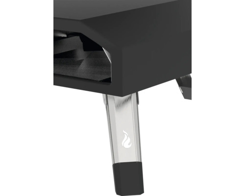 Vue détaillée d''un four à pizza avec pied en acier inoxydable et symbole de flamme