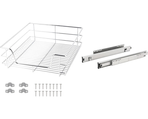 Drahtkorb mit Auszugsschienen, Schrauben und Montageplatten