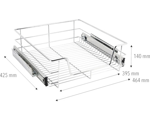 Auszugkorb mit Maßen 425 mm Länge, 395 mm Breite und 140 mm Höhe