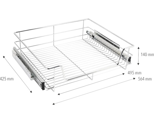 Drahtkorb mit Teleskopschienen und Massangaben