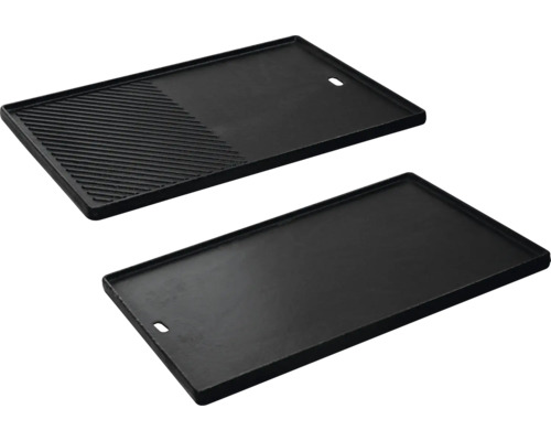 Deux plaques de grill en fonte, une rainurée et une lisse