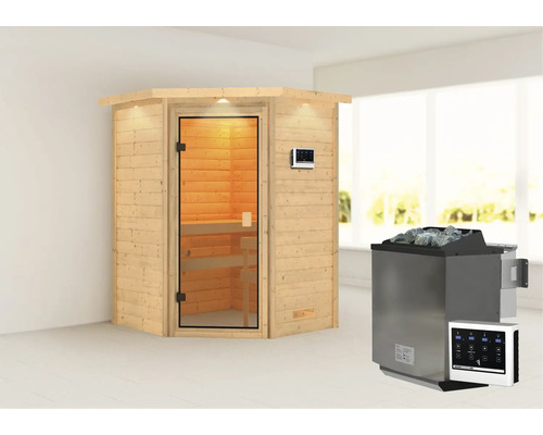 Sauna en madriers Karibu Antonia avec poêle bio 9 kW et commande ext. avec couronne et porte entièrement vitrée couleur bronze