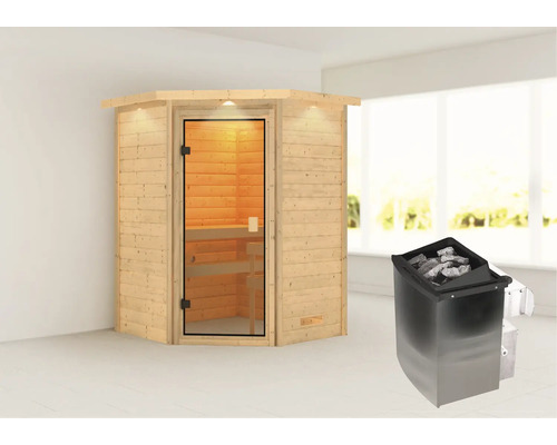 Sauna en bois massif Karibu Antonia avec poêle 9 kW et commande intégrée avec couronne et porte entièrement vitrée couleur bronze