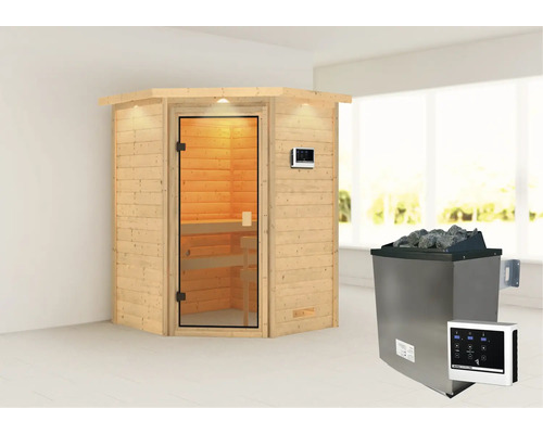 Sauna en madriers Karibu Antonia avec poêle 9 kW et commande ext. avec couronne et porte entièrement vitrée couleur bronze