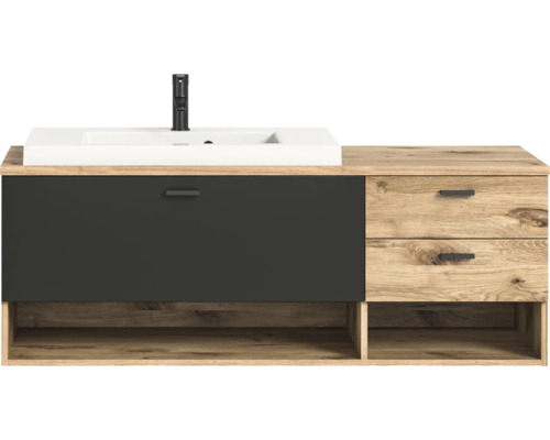 Xonox.home Waschbecken mit Unterschrank Grado 140 cm Frontfarbe nox oak/grau Waschtischunterschrank mit Waschbecken, Schublade und zwei Auszügen