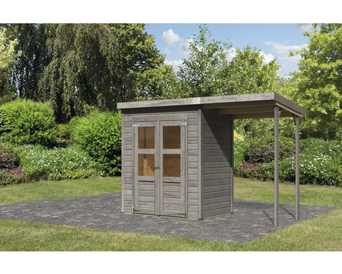 Abri de jardin Karibu Klosterburg 2 avec toit en appentis 329 x 142 cm gris Abri de jardin en bois avec double porte et auvent dans le jardin