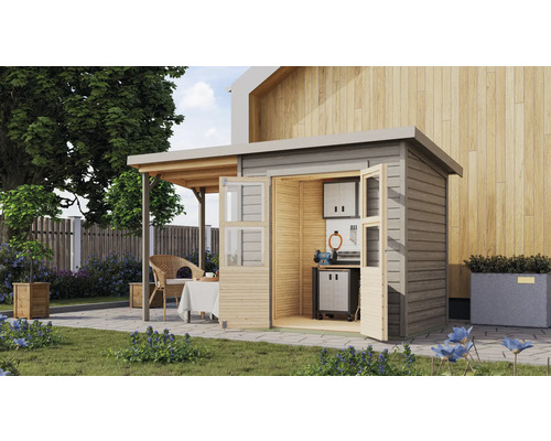 Abri de jardin Karibu Klosterburg 3 avec toit en appentis 390 x 175 cm gris Abri de jardin avec portes ouvertes, établi et outils