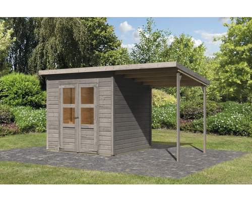 Abri de jardin Karibu Klosterburg 4 avec toit en appentis 390 x 236 cm gris Abri de jardin en bois avec auvent à l''extérieur