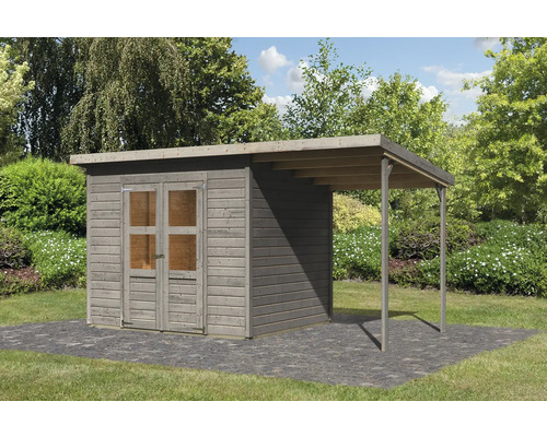 Abri de jardin Karibu Klosterburg 5 avec toit en appentis 415 x 236 cm gris Abri de jardin en bois avec annexe sur une surface pavée