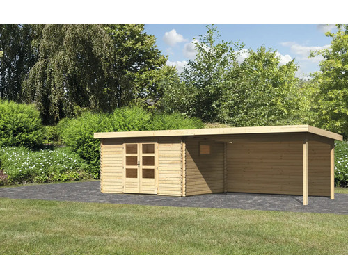 Abri de jardin Karibu Tossens 4 avec extension de toit et paroi arrière de 4,4 m 714,5 x 333 cm naturel