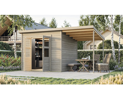 Abri de jardin Karibu Klosterburg 6 avec toit en appentis 415 x 265 cm gris Abri de jardin avec étagères et terrasse couverte avec table et chaises dans le jardin