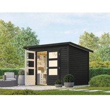 Abri de jardin avec portes ouvertes et mobilier de jardin à l''arrière-plan