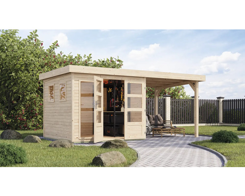 Abri de jardin Karibu Laharo 3,5 avec extension de toit de 2,4 m 491 x 262 cm naturel Abri de jardin Karibu Laharo 3,5 avec extension de toit de 2,4 m 491 x 262 cm naturel