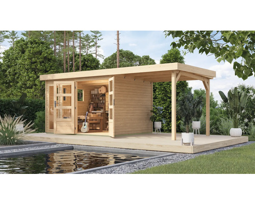 Abri de jardin Karibu Laharo 5 avec extension de toit de 2,4 m 554 x 262 cm naturel Abri de jardin Karibu Laharo 5 avec extension de toit de 2,4 m 554 x 262 cm naturel