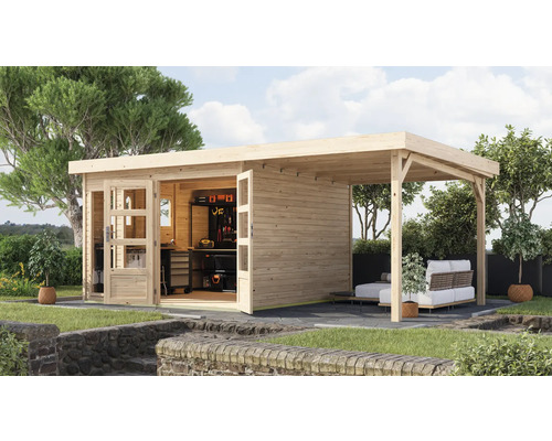 Abri de jardin Karibu Laharo 6 avec extension de toit de 2,4 m 554 x 331 cm naturel Abri de jardin Karibu Laharo 6 avec extension de toit de 2,4 m 554 x 331 cm naturel