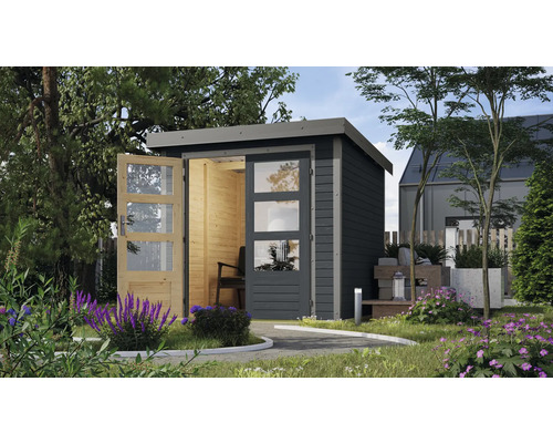 Abri de jardin Karibu Metalwood 2C tôle gris alu 228,5 x 235 cm anthracite Abri de jardin moderne avec portes en verre et revêtement en bois dans le jardin